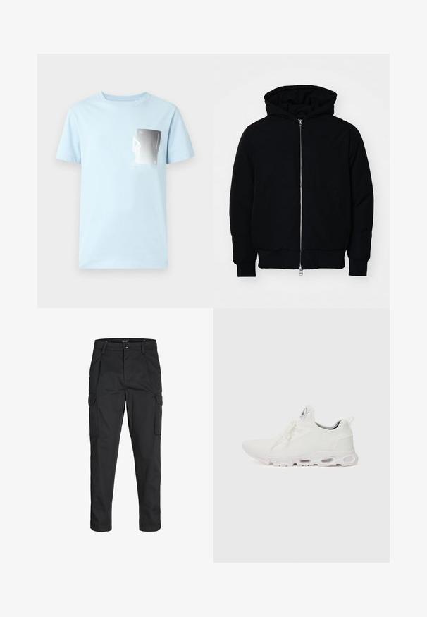 Mustaga kapuutsiga jakk, millel on esineed, kenguru tasku, soonikkoes, ja alläär, esitatud lihtsal valgel taustal.; Hele sinine puuvillane t-särk lühikeste käistega ja ümmarguse kaelusega. Vasakul rinnal on must-valge ristkülikukujuline graafika.; Mustad mustapõlvik, mis on valmistatud tugeva koe kasutades, sisaldab mitmeid taskuid, nupule kinnitatav sulgemine ja kitsenev disain.; Valged sportijalatsid, millel on tekstuuriga kudum peal, lame paelad ja pehmendatud tallad nähtavate õhukambritega täiendava toe jaoks.