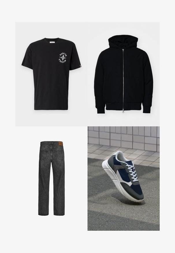 Mustat huppu-untuvatakki, jossa on vetoketju edessä, kenguru-tasku, ribatut hihansuut ja helma, esillä yksinkertaisella valkoisella taustalla.; Musta puuvillapaita lyhyillä hihoilla. Vasemmassa rinnassa valkoinen graafinen printti ja pieni logotägi helmassa.; Mustat farkut suoran lahje-muotoilulla, viiden taskun tyyli ja ruskea nahkapläntti vyötäröllä. Rakennekangas, jossa on ompeluyksityiskohtia.; Kengät, joissa on tummansininen verkkopäällinen, harmaat mokka-yksityiskohdat, valkoinen kumipohja ja litteät valkoiset nauhat, suunniteltu mukavuutta ja hengittävyyttä varten.