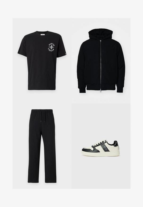 Melna kapucēta jaka ar priekšējo rāvējslēdzēju, kenguru kabatu, ribinātām aprocēm un apakšmalu, parādīta uz vienkārša balta fona.; Melnas kokvilnas T-krekls ar īsām piedurknēm. Uz kreisās krūts ir balts grafiskais prints, un apakšmalā ir neliela logotipa birka.; Jack & Jones JPSTKANE JJCHARGE UNCUFFED - Treniņtērpa apakšdaļas - black; Ādas sporta apavi ar melnbaltu krāsu shēmu, ar perforētiem akcentiem, mīkstinātu apkakli un teksturētu zoli.