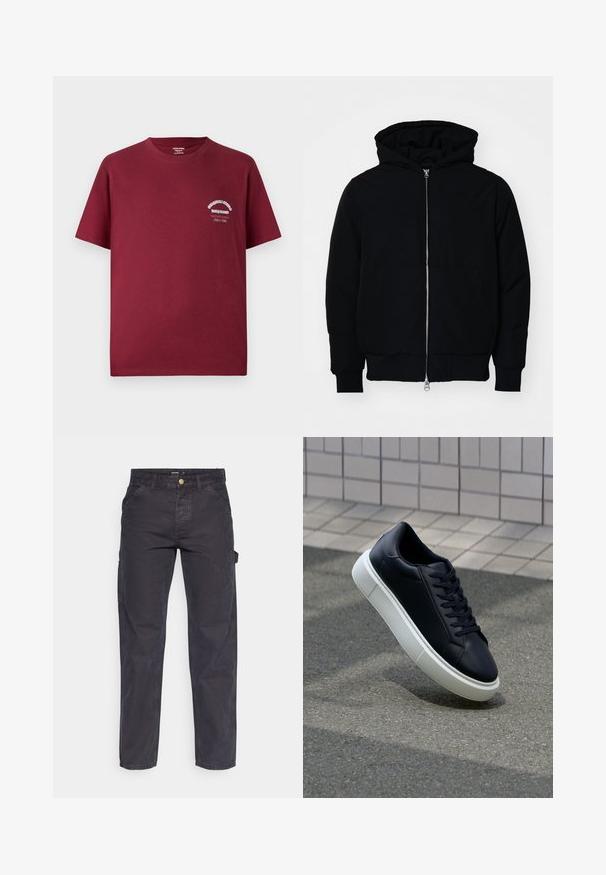 Čierna kapucňová bunda s predným zipsom, klokaními vreckami, rebrovanými manžetami a lemom, zobrazená na bielom pozadí.; Burgundská bavlnená tričko s okrúhlym výstrihom, krátkymi rukávmi a bielou grafickou potlačou na ľavej hrudi. Hladká textúra a voľný strih.; Tmavošedé cargo nohavice vyrobené z odolného materiálu, s rovnými nohavicami, piatimi vreckami a gombíkovým zapínaním v páse.; Čierne kožené tenisky s okrúhlou špičkou a bielou gumovou podrážkou. Majú ploché šnúrky a minimálne šitie na vrchu. Textúrovaná podrážka pre lepšiu priľnavosť.