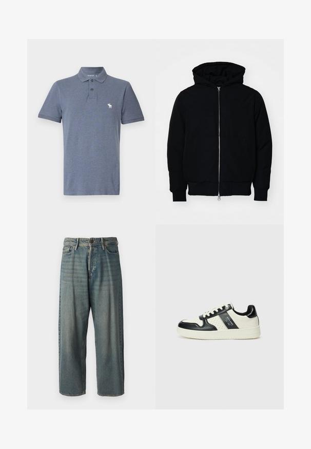 Jachetă neagră cu glugă, cu fermoar în față, buzunar tip kangaroo, mansete și tiv ribbed, prezentată pe un fundal alb simplu.; Abercrombie & Fitch Icon Don't Sweat It Polo - Bluză polo - sky captain heather; Jeans din denim bleu deschis, cu o croială lejeră, talie medie și picioare drepte. Au cinci buzunare, bucle pentru curea și închidere cu nasture.; Tenisi din piele cu un scheme de culori negru și crem, dotati cu accente perforate, guler căptușit și o talpă texturată.