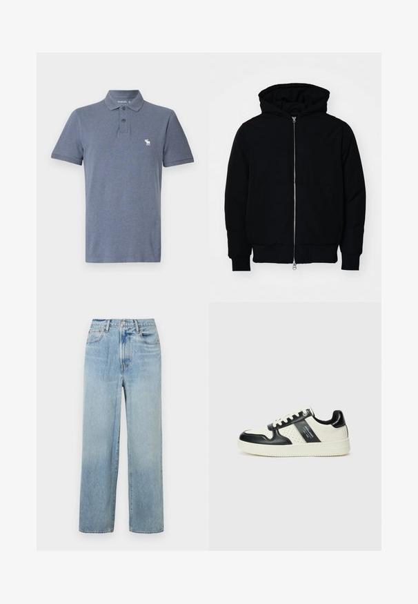 Zwarte hoodie met rits aan de voorkant, kangoeroe-pocket, geribbelde manchetten en zoom, weergegeven op een effen witte achtergrond.; Abercrombie & Fitch Icon Don't Sweat It Polo - Poloshirt - sky captain heather; Lichtblauwe, rechte denim jeans met hoge taille, voorzien van vijf zakken en subtiele vervaging. Ongemaaide zoom en contrasterende stikseldetails.; Leren sneakers met een zwart en crèmekleurig kleurenschema, voorzien van geperforeerde accenten, een gevoerde kraag en een gestructureerde buitenzool.