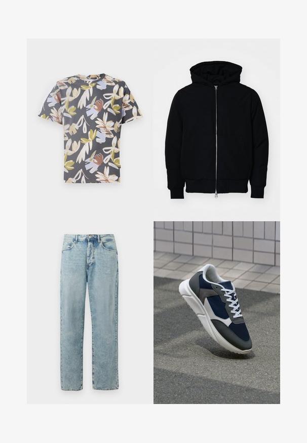 Svart hettejakke med frontglidelås, kengurulomme, ribbestrikket mansjetter og søm, vist på en ensfarget hvit bakgrunn.; Kortermet t-skjorte i mørkegrå med blomstermønster i nyanser av beige, lys blå og grønn. Laget av mykt stoff.; Lyseblå jeans med enkelt ben og knapp- og glidelås-lukking, frontlommer og subtile falmede detaljer.; Sneakers med en navy blå mesh-overdel, grå sømværk, hvit gummisåle og flate hvite snører, designet for komfort og pusteevne.