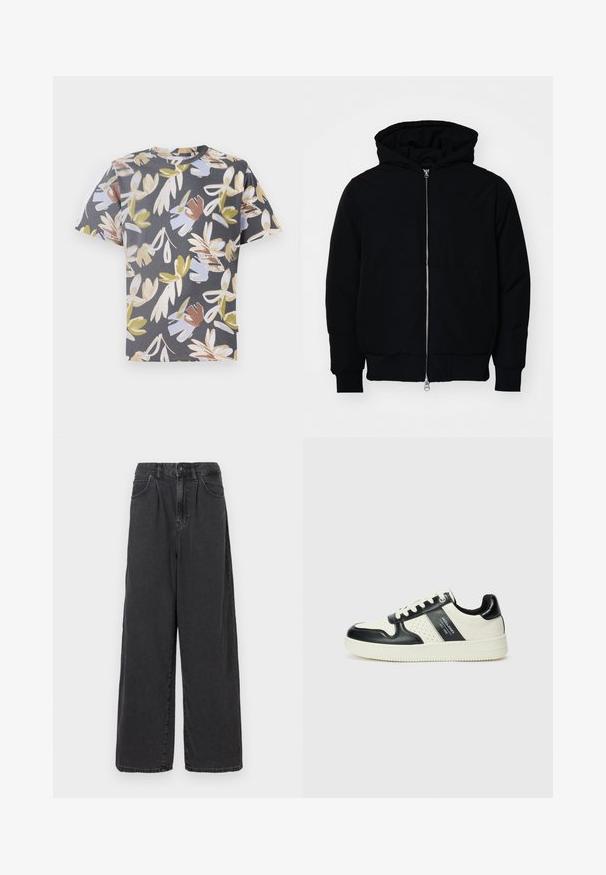 Black hooded jacket with front zipper, kangaroo pocket, ribbed cuffs, and hem, displayed on a plain white background.; Short-sleeve t-shirt in dark gray with a floral pattern featuring shades of beige, light blue, and green. Made from soft fabric.; Wide-leg, high-waisted black denim pants with a front button and zipper closure, featuring side pockets and a smooth texture.; Leather sneakers with a black and cream color scheme, featuring perforated accents, a padded collar, and a textured outsole.