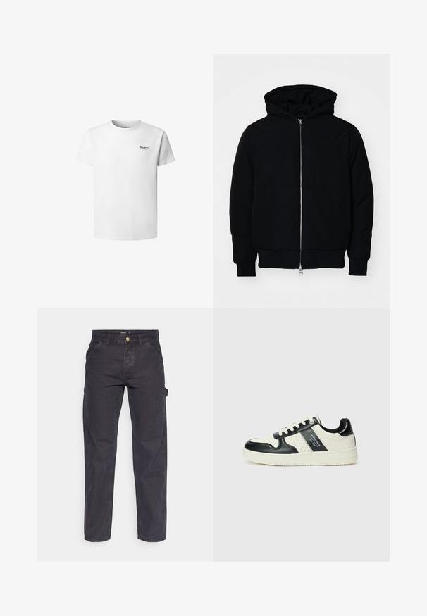 Mustaga kapuutsiga jakk, millel on esineed, kenguru tasku, soonikkoes, ja alläär, esitatud lihtsal valgel taustal.; Valge puuvillane T-särk, millel on ümar kaelus, lühikesed varrukad ja väike must logo vasakul rinnal. Sile tekstuur, tavaline lõige.; Tumehallid cargo-püksid, mis on valmistatud vastupidavast kangast, sirge lõikega, viie tasku ja nupuga kinnitusega vööl.; Nahatud nahkkingad musta ja kreemi värviskeemiga, millel on perforeeritud aktsendid, pehme krae ja tekstureeritud tallad.