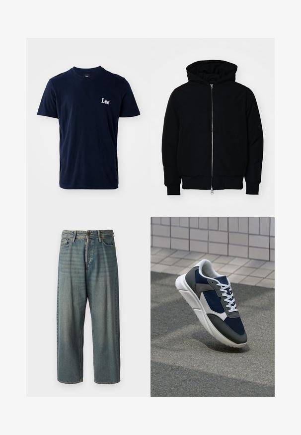 Jachetă neagră cu glugă, cu fermoar în față, buzunar tip kangaroo, mansete și tiv ribbed, prezentată pe un fundal alb simplu.; Tricou din bumbac bleu marin, cu mâneci scurte, gât rotund și logo-ul alb "Lee" brodat în zona stângă a pieptului. Textură netedă.; Jeans din denim bleu deschis, cu o croială lejeră, talie medie și picioare drepte. Au cinci buzunare, bucle pentru curea și închidere cu nasture.; Adidași cu un uppers din plasă albastră închisă, accente din suede gri, talpă din cauciuc alb și șireturi plate albe, concepuți pentru confort și respirabilitate.