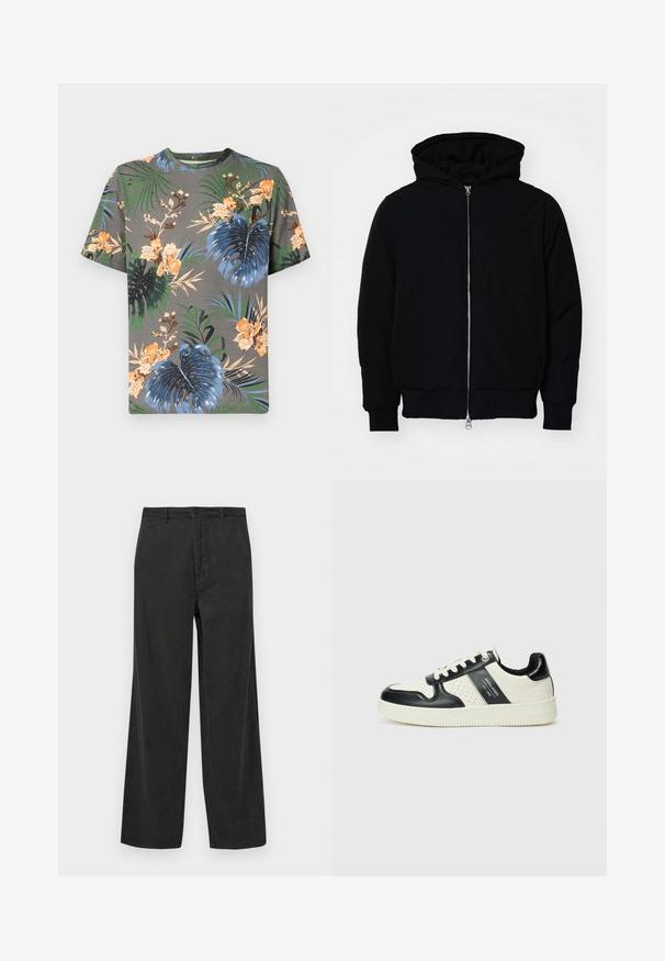 Svart hettejakke med frontglidelås, kengurulomme, ribbestrikket mansjetter og søm, vist på en ensfarget hvit bakgrunn.; Kortslepet t-skjorte i grå bomull med tropisk blomstermønster i oransje, blått, grønt og beige, som har forskjellige bladmønstre.; Sorte kordfløyelsbukser med vid design, med vertikal ribbet tekstur, glidelås med knappelukking, og frontlommer.; Lædersneakers med sort og creme farveskema, der har perforerede detaljer, en polstret krave og en struktureret ydersål.