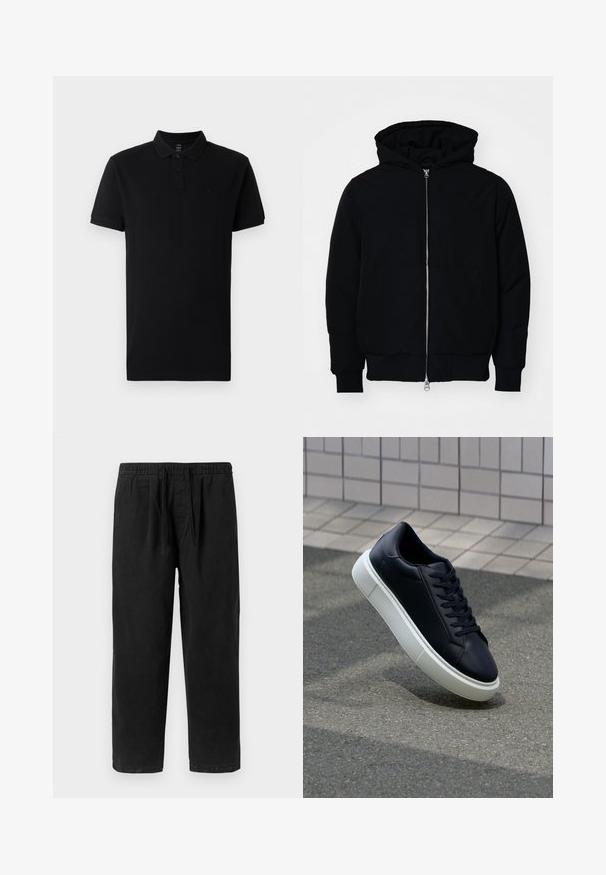Melna kapucēta jaka ar priekšējo rāvējslēdzēju, kenguru kabatu, ribinātām aprocēm un apakšmalu, parādīta uz vienkārša balta fona.; Melna polo krekla izgatavots no kokvilnas, ar apkakles izgriezumu, divu pogu aizdari un īsām piedurknēm. Minimālistisks dizains ar ierobežotu logo detaļu.; Melnas kokvilnas bikses ar elastīgu jostu un auklu, ar brīvu piegriezumu un taisnām kājām bez kabatām.; Melnas ādas kedas ar noapaļotu pirkstu un baltu gumijas zoli. Iespējas - plakanas šņorītes un minimāla apdare augšdaļā. Struktūrēta zole, lai nodrošinātu saķeri.