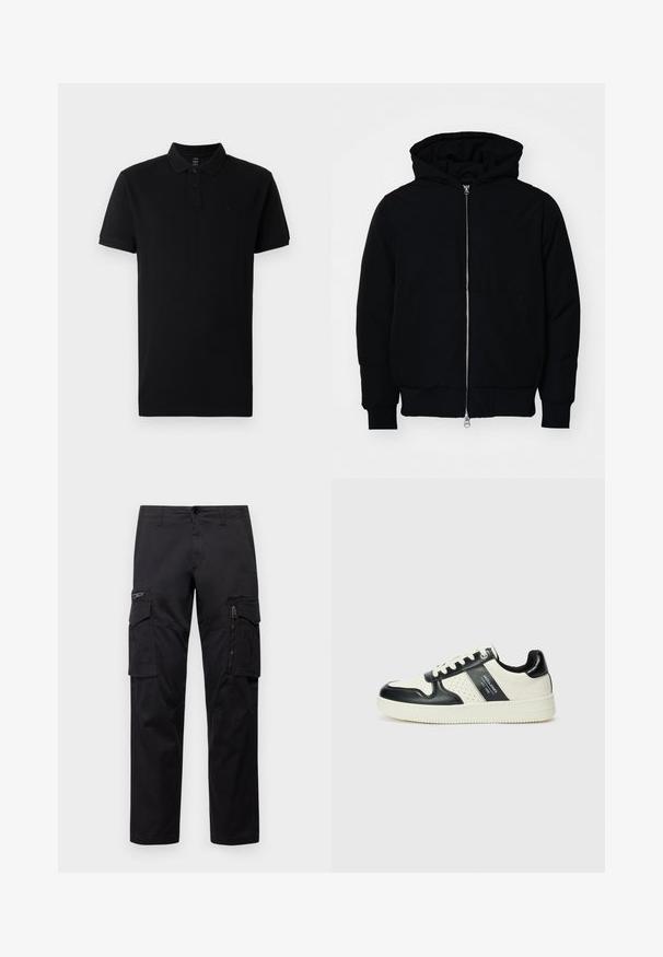 Svart hettejakke med frontglidelås, kengurulomme, ribbestrikket mansjetter og søm, vist på en ensfarget hvit bakgrunn.; Svart polo skjorte laget av bomull, med krage, to-knapps placket og korte ermer. Minimalistisk design med subtil logo-detalj.; Sorte cargo bukser med flere lommer, en lynlåslomme på låret, rett passform og solid bomullsstoff med lett glans.; Lædersneakers med sort og creme farveskema, der har perforerede detaljer, en polstret krave og en struktureret ydersål.