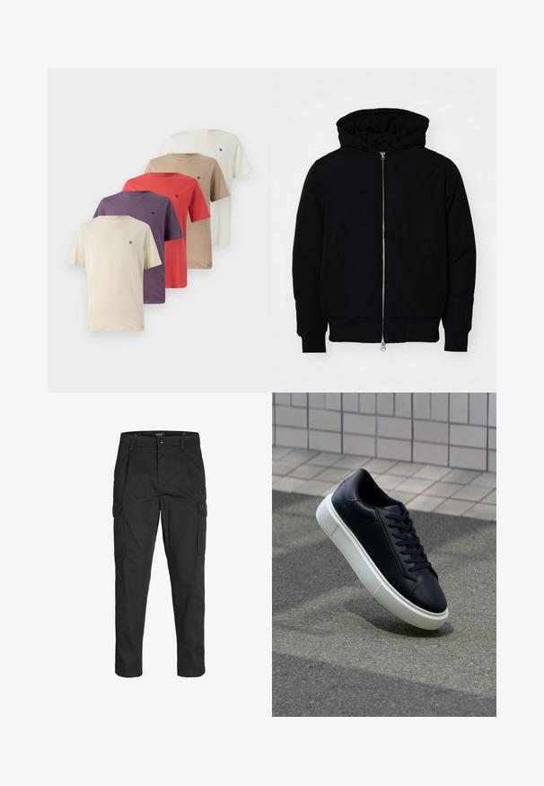 Juodas gobtuvėlis su priekiniu užtrauktuku, kengūros tipo kišene, lygiais rankogaliais ir apvadu, pateiktas ant vientiso balto fono.; Penki trumpomis rankovėmis marškiniai smėlio, violetinės, raudonos, rudos ir baltos spalvų, su mažu logotipu kairėje krūtinės pusėje. Medvilnės audinys, apvalus iškirpimas.; Juodi krovinių tipo džinsai, pagaminti iš tvirto audinio, su keliais kišeniais, mygtuko uždarymu ir siauru, prigludusiu dizainu su siaurėjančiomis kojomis.; Juodas odinis sportbačius su apvaliu pirštu ir baltu gumuotu padu. Turi plokščias raišteles ir minimalų siuvimą viršuje. Padangos tekstūra užtikrina sukibimą.