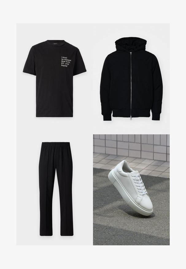 Čierna kapucňová bunda s predným zipsom, klokaními vreckami, rebrovanými manžetami a lemom, zobrazená na bielom pozadí.; Čierne bavlnené tričko s bielym textom: "Budem prepuštený New York, NY - Júl Replay," okrúhly výstrih, krátke rukávy.; Čierne nohavice s elastickým pásom a rovnými nohavicami, majú hladkú textúru a žiadne viditeľné vzory ani kovové doplnky.; Biele kožené tenisky s hladkým povrchom, okrúhlym špičkou a plochými bielymi šnúrkami. Obsahuje štruktúrovanú gumovú podrážku a minimalistický dizajn.