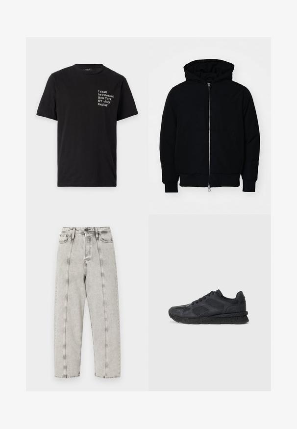 Sort hættejakke med frontlynlås, kængurulomme, ribbede manchetter og kant, præsenteret på en ensfarvet hvid baggrund.; Sort bomulds T-shirt med hvid tekst: "Jeg skal frigives New York, NY - Juli Replay," rund halsudskæring, korte ærmer.; Grå højtaljede jeans med løs pasform, der har et lige ben-design, synlige sømme og slidt struktur.; Replay ARTHUR ATOM - Sneakers - black
