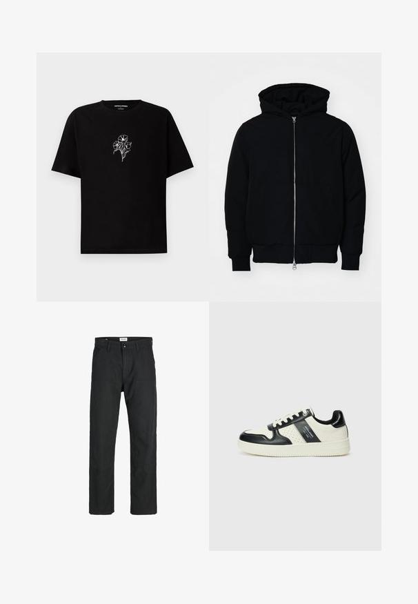 Melna kapucēta jaka ar priekšējo rāvējslēdzēju, kenguru kabatu, ribinātām aprocēm un apakšmalu, parādīta uz vienkārša balta fona.; Melnā kokvilnas T-krekls ar apaļu kakla izgriezumu un īsām piedurknēm. Ar baltiem ziedu izšuvumiem uz krūšu daļas. Mīksta tekstūra, brīva piegriezuma.; Melnas bikses no izturīga auduma, ar taisna griezuma dizainu, izšūtām akcentiem un divām priekšējām kabatām funkcionālitātei.; Ādas sporta apavi ar melnbaltu krāsu shēmu, ar perforētiem akcentiem, mīkstinātu apkakli un teksturētu zoli.