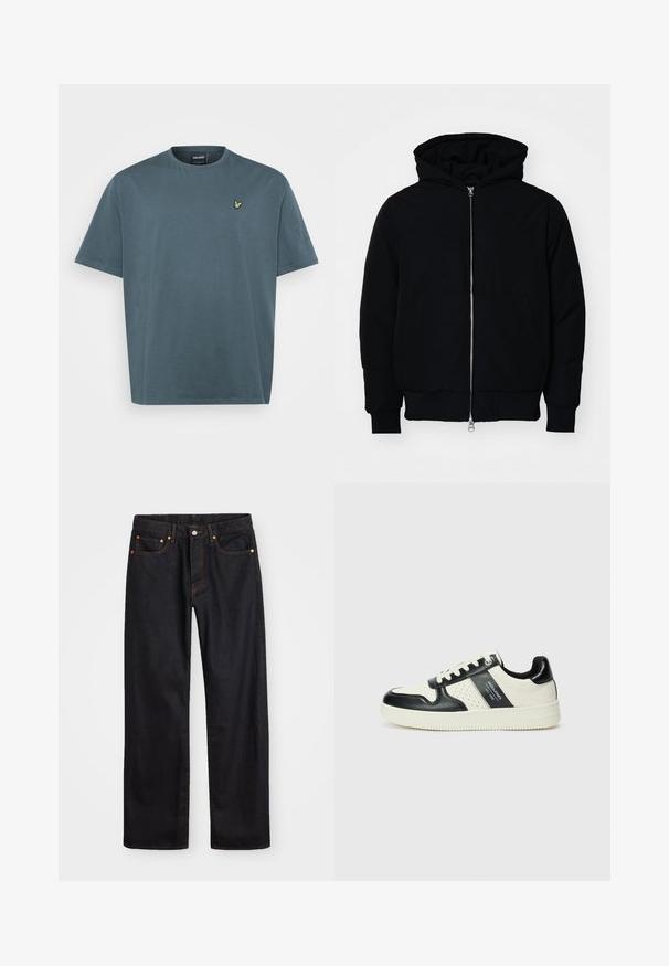 Melna kapucēta jaka ar priekšējo rāvējslēdzēju, kenguru kabatu, ribinātām aprocēm un apakšmalu, parādīta uz vienkārša balta fona.; Gaiši zils kokvilnas t-krekls, īsas piedurknes, apaļš dekoltē, ar izšūtu dzeltenu putna emblēmu kreisajā krūtī. Vienkāršs dizains.; Vīriešu taisno kāju melnie džinsi ar piecām kabatām un oranžu izšuvumu, ar pogu un zipa aizdari priekšējā jostas daļā.; Ādas sporta apavi ar melnbaltu krāsu shēmu, ar perforētiem akcentiem, mīkstinātu apkakli un teksturētu zoli.
