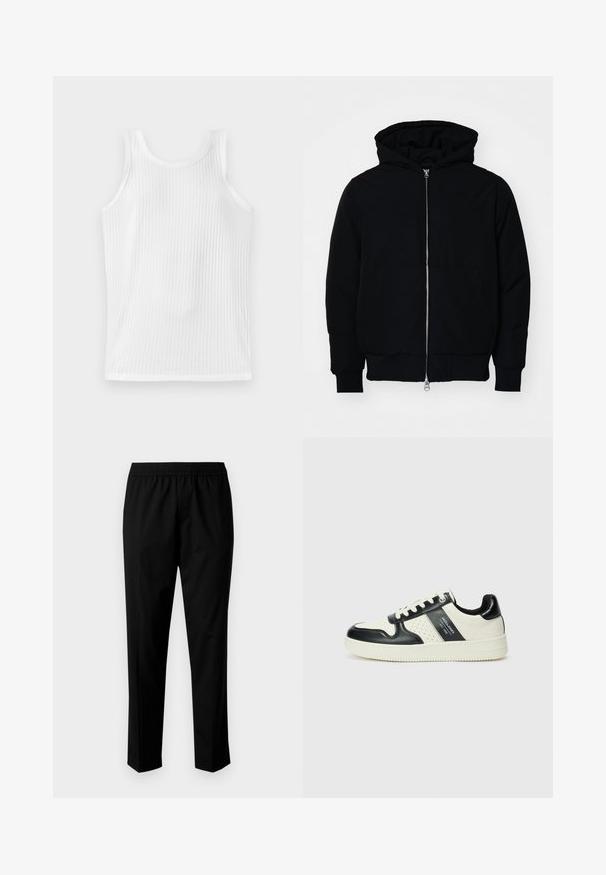 Giacca nera con cappuccio, dotata di zip frontale, tasca a marsupio, polsini e orlo a coste, esposta su uno sfondo bianco semplice.; Top tank bianco a coste con scollatura rotonda, privo di maniche e design aderente. Il tessuto presenta un discreto motivo verticale.; Pantaloni neri con una vita elastica, caratterizzati da un design a gamba dritta. Il tessuto sembra liscio con una texture opaca, senza motivi visibili.; Sneakers in pelle con una combinazione di colori nero e crema, dotati di dettagli perforati, collare imbottito e suola testurizzata.