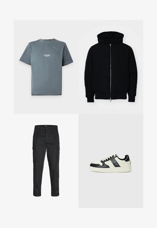 Zwarte hoodie met rits aan de voorkant, kangoeroe-pocket, geribbelde manchetten en zoom, weergegeven op een effen witte achtergrond.; Grijze katoenen t-shirt met ronde hals, korte mouwen en een klein wit "JJ Studios" logo op de borst. Soepele textuur en een relaxte pasvorm.; Zwarte cargobroek van stevig stof, met meerdere zakken, een knoopsluiting en een slim fit ontwerp met taps toelopende benen.; Leren sneakers met een zwart en crèmekleurig kleurenschema, voorzien van geperforeerde accenten, een gevoerde kraag en een gestructureerde buitenzool.