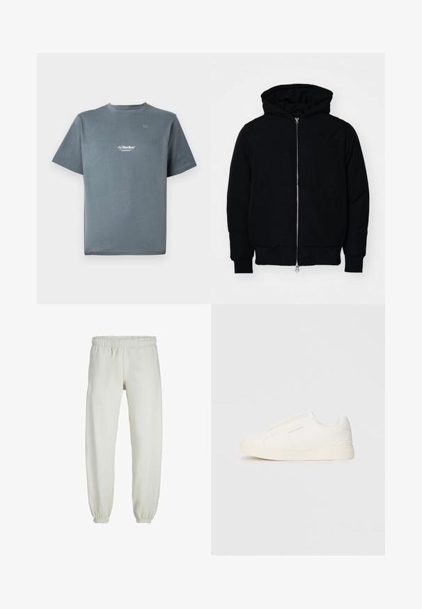 Fekete kapucnis dzseki elülső cipzárral, kenguruzsebbel, bordázott mandzsettákkal és aba, egy sima fehér háttér előtt.; Szürke pamut póló, kerek nyakkal, rövid ujjakkal és egy kis fehér "JJ Studios" logóval a mellkason. Simogatós textúra és laza szabás.; Fehér melegítőnadrág, puha anyagból készült, rugalmas derékrésszel és mandzsettával, sima tapintású és laza szabású.; Fehér slip-on sportcipők texturált felülettel, vastag talppal és minimalista dizájnnal. Az oldalon a márka logója található.