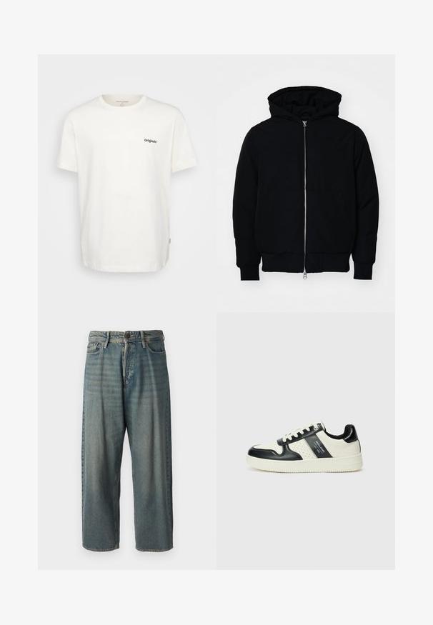 Fekete kapucnis dzseki elülső cipzárral, kenguruzsebbel, bordázott mandzsettákkal és aba, egy sima fehér háttér előtt.; Fehér pamut póló rövid ujjakkal, kerek nyakkal, és fekete "Originals" felirattal az elülső bal oldalon. Puha textúrájú és egyenes szabású.; Világoskék farmernadrág, laza fazonnal, közepes derékbőséggel és egyenes szárral. Öt zsebet, övbucskát és gombos záródást tartalmaz.; Fekete és krém színű bőrsneaker, perforált díszítésekkel, párnázott bokapánttal és texturált talppal.