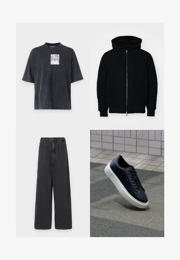 Black hooded jacket with front zipper, kangaroo pocket, ribbed cuffs, and hem, displayed on a plain white background.; Short-sleeve, oversized black cotton t-shirt with a square graphic depicting a city scene, featuring soft texture and a crew neckline.; Wide-leg, high-waisted black denim pants with a front button and zipper closure, featuring side pockets and a smooth texture.; Black leather sneaker with rounded toe and white rubber sole. Features flat laces and minimal stitching on the upper. Textured sole for grip.