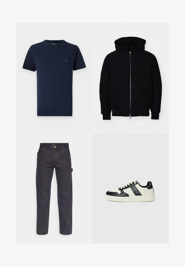 Svart hettejakke med frontglidelås, kengurulomme, ribbestrikket mansjetter og søm, vist på en ensfarget hvit bakgrunn.; Marineblå bomulls t-skjorte med korte ermer, rund hals, med en liten brodert hjortelogo på venstre bryst. Glatt tekstur.; Mørkegrå cargo bukser laget av slitesterkt stoff, med rett benklipp, fem lommer og knapplukking i livet.; Lædersneakers med sort og creme farveskema, der har perforerede detaljer, en polstret krave og en struktureret ydersål.
