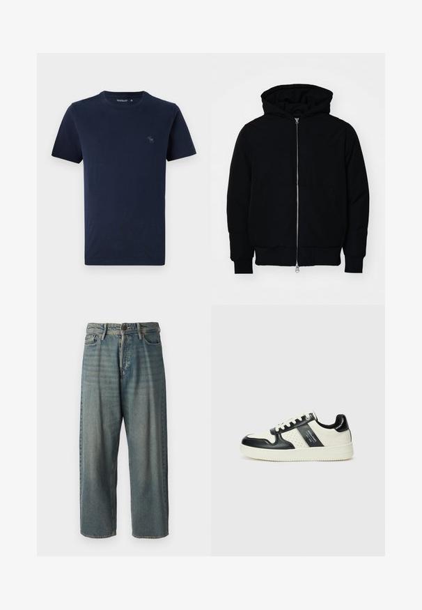 Black hooded jacket with front zipper, kangaroo pocket, ribbed cuffs, and hem, displayed on a plain white background.; Navy blue cotton t-shirt with short sleeves, crew neck, featuring a small embroidered deer logo on the left chest. Smooth texture.; Light blue denim jeans with a loose fit, mid-rise waist, and straight legs. Features five pockets, belt loops, and a button closure.; Leather sneakers with a black and cream color scheme, featuring perforated accents, a padded collar, and a textured outsole.