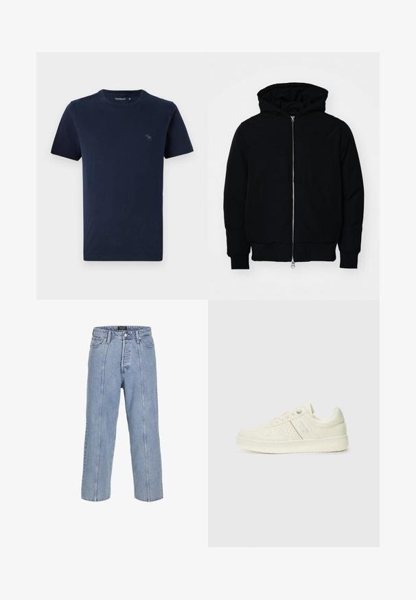 Juodas gobtuvėlis su priekiniu užtrauktuku, kengūros tipo kišene, lygiais rankogaliais ir apvadu, pateiktas ant vientiso balto fono.; Tamsiai mėlynas medvilnės marškinėliai su trumpomis rankovėmis, apykakle, kuriuose yra mažas siuvinėtas elnio logotipas ant kairiojo krūtinės kampo. Lygi tekstūra.; Šviesiai mėlynos džinsinės kelnės su laisvu siluetu, plačiomis kojomis ir matomomis siuvimo detalėmis. Turi mygtuką ir užtrauktuką, taip pat penkias kišenes.; Kremo spalvos sportbačiai su perforuotomis detalėmis, raišteliais ir logotipu šone, išdėstyti prieš paprastą baltą foną.