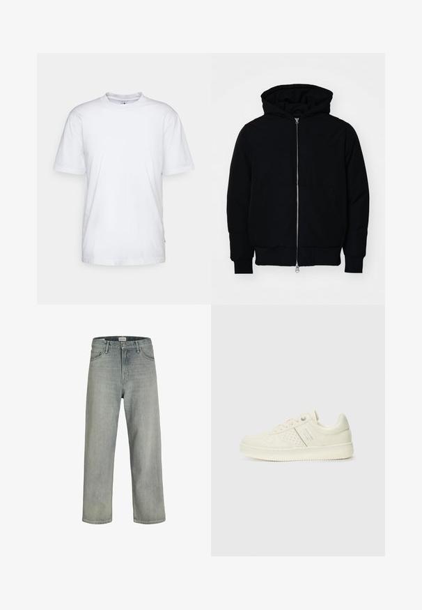 Sort hættejakke med frontlynlås, kængurulomme, ribbede manchetter og kant, præsenteret på en ensfarvet hvid baggrund.; Hvid bomulds t-shirt med rund hals, korte ærmer og lige kant. Har et lille mærke på den venstre sidesøm.; Lysegrå, løstsiddende jeans lavet af denim. Har et klassisk fem-lomme design, bæltestropper og en lige ben silhuet.; Cremefarvet sneaker med perforeret detaljering, snørebånd og logo på siden, præsenteret mod en simpel hvid baggrund.