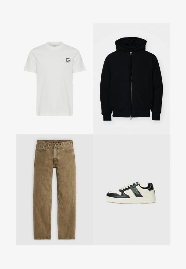 Svart hettejakke med frontglidelås, kengurulomme, ribbestrikket mansjetter og søm, vist på en ensfarget hvit bakgrunn.; Hvit t-skjorte i bomull med rund hals og korte ermer. Har en marineblå grafisk logo og tekst på venstre brystområde.; Lys brun denimjeans med rett ben-design, fem-lomme stil og kobberfarget hårdvare. Teksturet stoff med synlige sømdetaljer.; Lædersneakers med sort og creme farveskema, der har perforerede detaljer, en polstret krave og en struktureret ydersål.