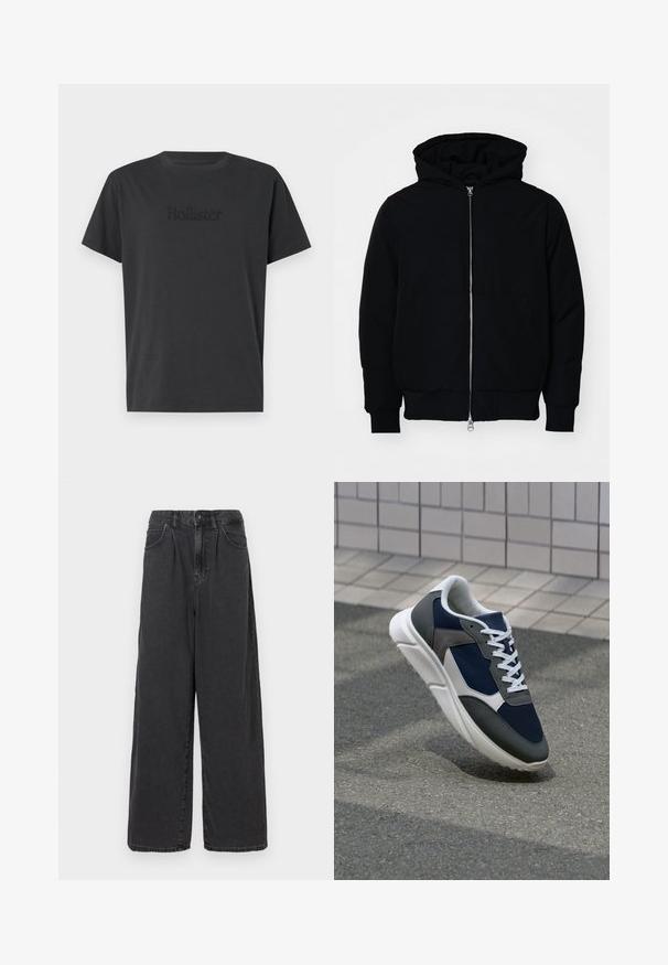 Jachetă neagră cu glugă, cu fermoar în față, buzunar tip kangaroo, mansete și tiv ribbed, prezentată pe un fundal alb simplu.; Tricou din bumbac negru cu mâneci scurte și guler rotund, cu logo-ul „Hollister” embosat pe față. Design simplu, stil minimalistic.; Pantaloni din denim negri, cu talie înaltă și croială largă, cu închidere frontală cu buton și fermoar, având buzunare laterale și o textură netedă.; Adidași cu un uppers din plasă albastră închisă, accente din suede gri, talpă din cauciuc alb și șireturi plate albe, concepuți pentru confort și respirabilitate.