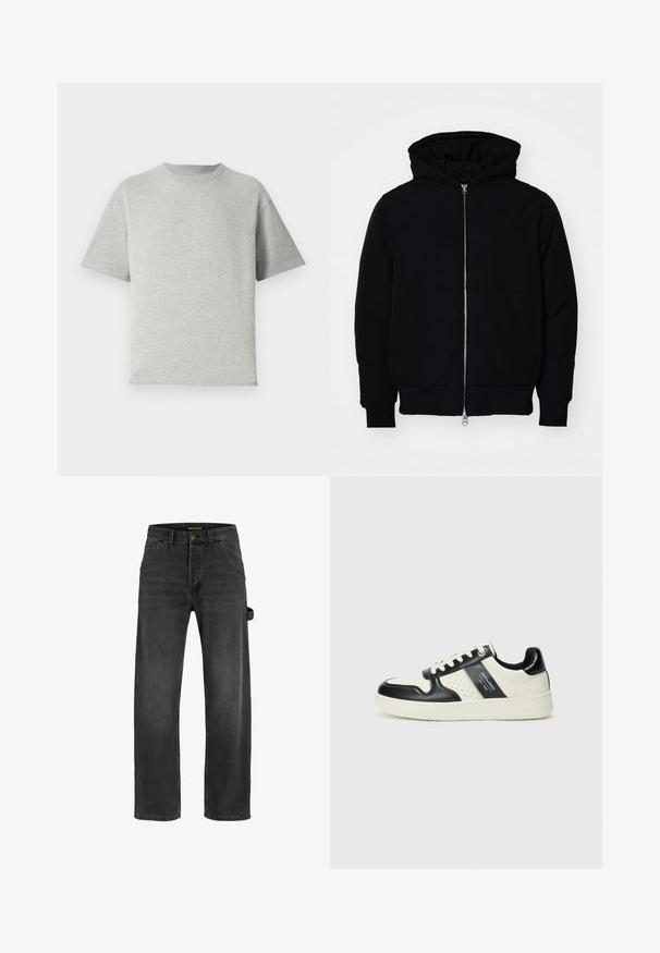 Čierna kapucňová bunda s predným zipsom, klokaními vreckami, rebrovanými manžetami a lemom, zobrazená na bielom pozadí.; Sivá bavlnená tričko s krátkymi rukávmi, okrúhlym výstrihom a voľným strihom. Tkanina má hladkú štruktúru a minimálne švy.; Tmavo šedé denimové džínsy s rovný strihom, piatimi vreckami, kovovým zapínaním a detailom postranného popruhu.; Kožené tenisky v čierno-krémovej farbe, s perforovanými akcentmi, polstrovaným golierom a štruktúrovanou podrážkou.
