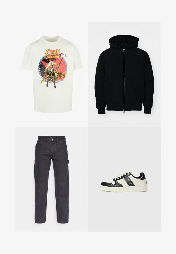 Zwarte hoodie met rits aan de voorkant, kangoeroe-pocket, geribbelde manchetten en zoom, weergegeven op een effen witte achtergrond.; Witte katoenen t-shirt met een kleurrijke grafische print van een vrouw en een wezen, met de tekst "Ozzy Osbourne" in vetgedrukte, gestileerde letters.; Donkergrijze cargobroek van duurzaam materiaal, met een rechte pijp, vijf zakken en een knoopsluiting in de taille.; Leren sneakers met een zwart en crèmekleurig kleurenschema, voorzien van geperforeerde accenten, een gevoerde kraag en een gestructureerde buitenzool.