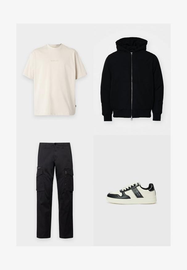 Mustaga kapuutsiga jakk, millel on esineed, kenguru tasku, soonikkoes, ja alläär, esitatud lihtsal valgel taustal.; Replay Lihtne T-särk - alabaster; Mustad mustree püksid, millel on mitu taskut, lukuulukuga tasku reie peal, sirge lõige ja tugevast puuvillast materjal, millel on kerge läige.; Nahatud nahkkingad musta ja kreemi värviskeemiga, millel on perforeeritud aktsendid, pehme krae ja tekstureeritud tallad.