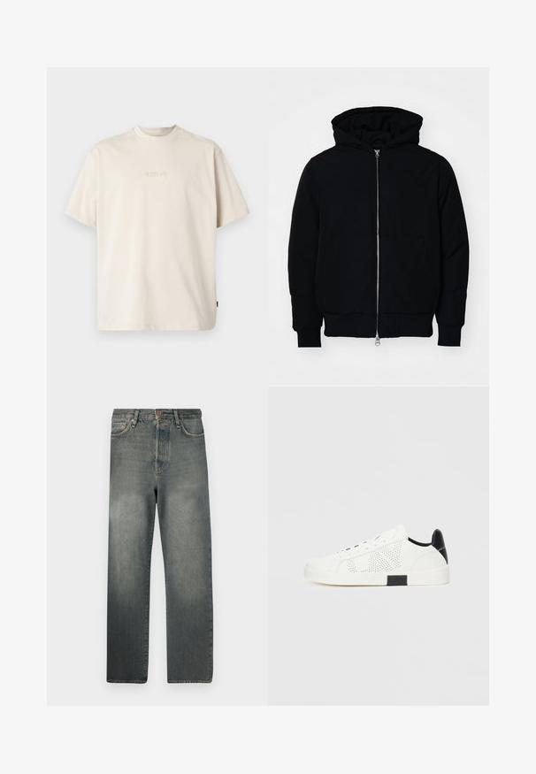 Melna kapucēta jaka ar priekšējo rāvējslēdzēju, kenguru kabatu, ribinātām aprocēm un apakšmalu, parādīta uz vienkārša balta fona.; Replay Pamata T-krekls - alabaster; Jack & Jones JJIALEX JJCOOPER - Plati džinsi - black denim; Baltie sporta apavi ar perforētu dizainu, melnu papēža akcentu un baltu gumijas zoli. Iekļauj šņorēšanu un logotipu sānos. Gluda ādas tekstūra.