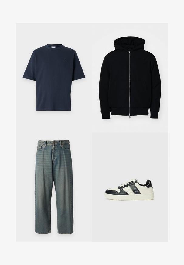Czarna kurtka z kapturem, z suwakiem z przodu, kieszenią kangurką, ściągaczami przy mankietach i dolnym brzegu, prezentowana na jednolitym białym tle.; Granatowa koszulka z krótkim rękawem wykonana z bawełny. Posiada okrągły dekolt i subtelne logo na piersi. Prosty krój bez wzorów.; Jasnoniebieskie dżinsy o luźnym kroju, średnim stanie i prostych nogawkach. Posiadają pięć kieszeni, szlufki na pasek oraz zapięcie na guzik.; Skórzane sneakersy w czarno-kremowym schemacie kolorystycznym, z perforowanymi akcentami, wyściełanym kołnierzem i teksturowaną podeszwą.