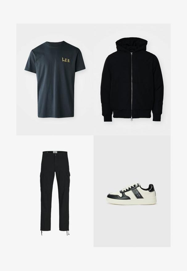 Svart hettejakke med frontglidelås, kengurulomme, ribbestrikket mansjetter og søm, vist på en ensfarget hvit bakgrunn.; Svart bomull T-skjorte med korte ermer. Har en gull blokkbokstavlogo "LEE" på venstre brystområde. Rund hals, standard passform.; Svarte cargo-bukser med rett snitt, med sidelommer, knappelukking og elastiske snorer ved anklene. Laget av slitesterkt stoff.; Lædersneakers med sort og creme farveskema, der har perforerede detaljer, en polstret krave og en struktureret ydersål.