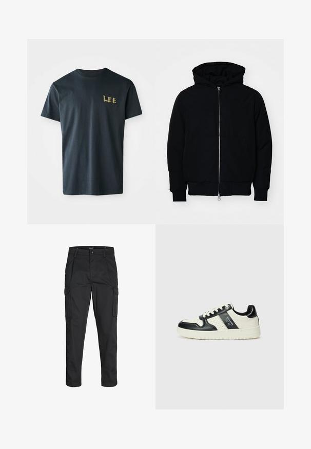 Črna kapuca jakna s sprednjim zadrgo, kenguru žepom, rebrastimi manšetami in hemom, razstavljena na enostavni beli ozadju.; Črna bombažna majica s kratkimi rokavi. Ima zlato logotip v blok črkah "LEE" na levem prsnem predelu. Ovratnik je okrogel, standardna kroj.; Črne cargo hlače iz trdnega blaga, ki imajo več žepov, gumbasto zapiranje in ozek kroj z zožanimi nogami.; Usnjeni športni čevlji z črno in krem barvno shemo, ki vključujejo perforirane dodatke, podložen ovratnik in strukturirano podplat.