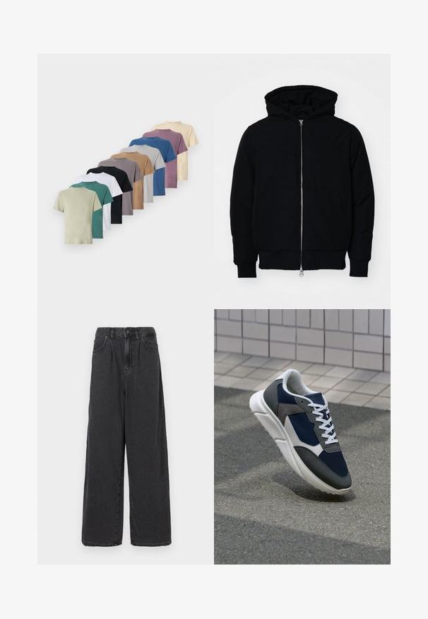 Svart hettejakke med frontglidelås, kengurulomme, ribbestrikket mansjetter og søm, vist på en ensfarget hvit bakgrunn.; T-skjorter på rad med korte ermer, rund hals, tilgjengelig i ti farger: oliven, teal, hvit, svart, brun, grå, blå og lavendel.; Bredde ben, høy midje svarte dongeri bukser med knapp og glidelås foran, med sidelommer og en glatt tekstur.; Sneakers med en navy blå mesh-overdel, grå sømværk, hvit gummisåle og flate hvite snører, designet for komfort og pusteevne.