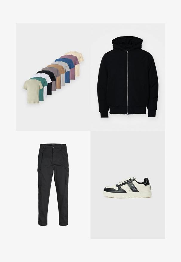 Black hooded jacket with front zipper, kangaroo pocket, ribbed cuffs, and hem, displayed on a plain white background.; T-shirts in a row featuring short sleeves, round necks, available in ten colors: olive, teal, white, black, brown, gray, blue, and lavender.; Black cargo pants made of sturdy fabric, featuring multiple pockets, a button closure, and a slim fit design with tapered legs.; Leather sneakers with a black and cream color scheme, featuring perforated accents, a padded collar, and a textured outsole.