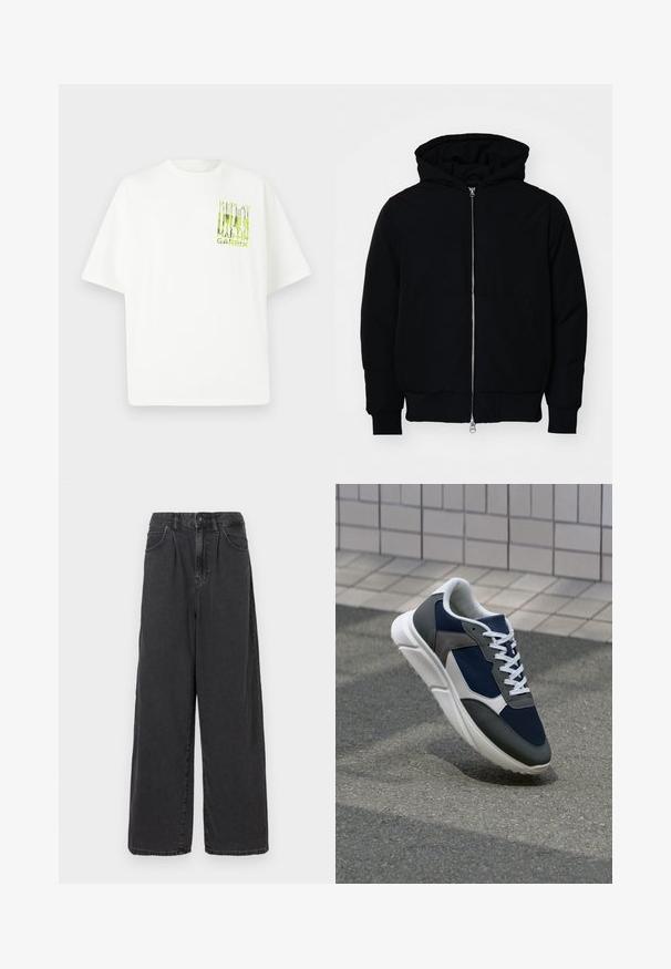 Sort hættejakke med frontlynlås, kængurulomme, ribbede manchetter og kant, præsenteret på en ensfarvet hvid baggrund.; Hvid oversized T-shirt lavet af bomuld, med et grønt grafisk print med "REPLAY MARTIN GARRIX" på fronten. Korte ærmer og rund hals.; Bredde ben, høj talje sorte denimbukser med frontknap og lynlås, der har sidelommer og en glat overflade.; Sneakers med en overdel i marineblå mesh, grå suedeteksturer, hvid gummisål og flade hvide snørebånd, designet til komfort og åndbarhed.