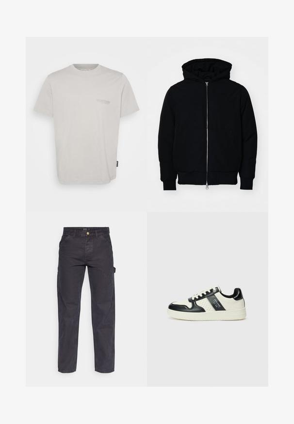 Sort hættejakke med frontlynlås, kængurulomme, ribbede manchetter og kant, præsenteret på en ensfarvet hvid baggrund.; Lys grå bomulds T-shirt med korte ærmer, rund hals og lille logo trykt på venstre bryst. Har en lige kant og sidelabel.; Mørkegrå cargo-bukser lavet af slidstærkt stof, med lige ben, fem lommer og en knaplukning i taljen.; Lædersneakers i sort og creme farveskema, med perforerede detaljer, en polstret krave og en struktureret ydersål.