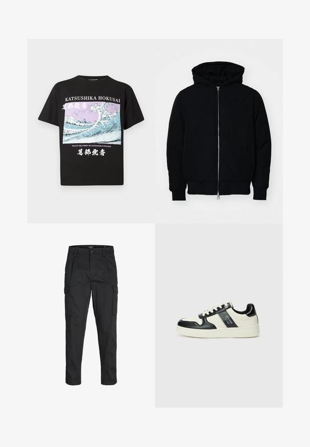 Melna kapucēta jaka ar priekšējo rāvējslēdzēju, kenguru kabatu, ribinātām aprocēm un apakšmalu, parādīta uz vienkārša balta fona.; Melna kokvilnas T-krekls ar īsām piedurknēm, ar grafisku druku, kurā attēlots Hokusai "Fuji jūrā" zilā un purpursarkanā krāsā, ar baltu tekstu.; Melnas kravas bikses, izgatavotas no izturīga auduma, ar vairākiem kabatām, pogu aizdari un šaura piegriezuma dizainu ar sašaurinātiem kāju apakšiem.; Ādas sporta apavi ar melnbaltu krāsu shēmu, ar perforētiem akcentiem, mīkstinātu apkakli un teksturētu zoli.