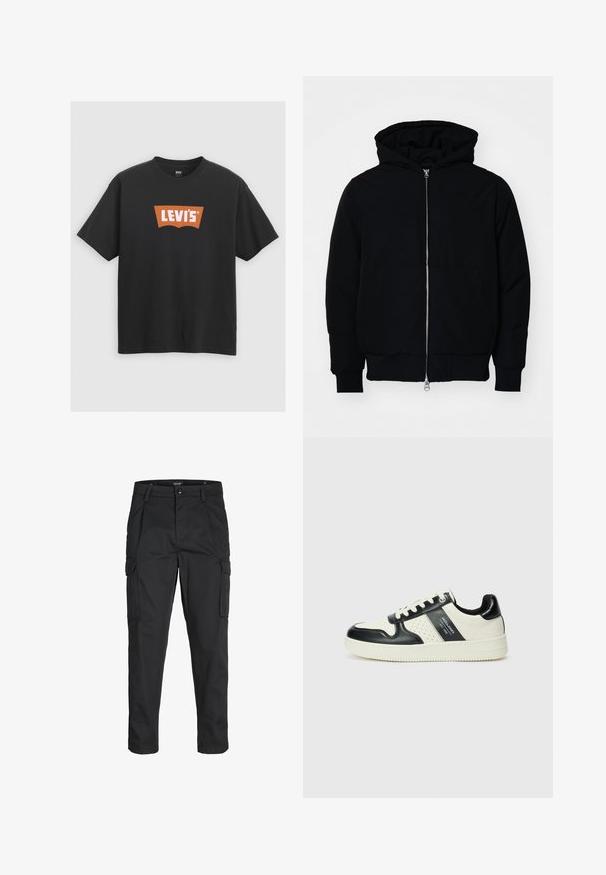 Melna kapucēta jaka ar priekšējo rāvējslēdzēju, kenguru kabatu, ribinātām aprocēm un apakšmalu, parādīta uz vienkārša balta fona.; Melnā kokvilnas T-krekls ar lielu oranžu Levi's logo uz priekšpuses, īsām piedurknēm un apaļu kakla izgriezumu.; Melnas kravas bikses, izgatavotas no izturīga auduma, ar vairākiem kabatām, pogu aizdari un šaura piegriezuma dizainu ar sašaurinātiem kāju apakšiem.; Ādas sporta apavi ar melnbaltu krāsu shēmu, ar perforētiem akcentiem, mīkstinātu apkakli un teksturētu zoli.