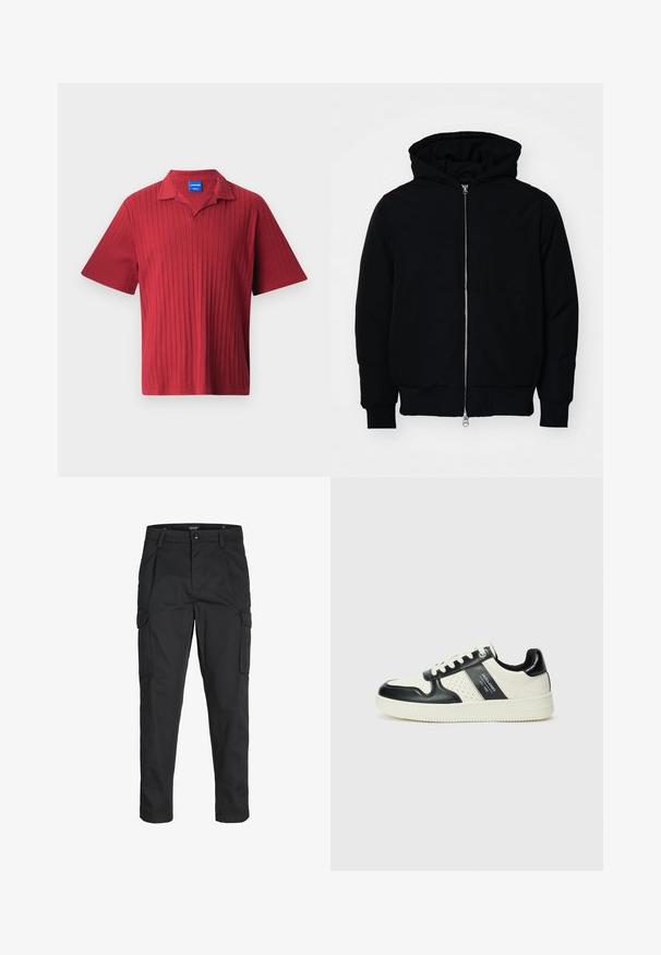 Mustaga kapuutsiga jakk, millel on esineed, kenguru tasku, soonikkoes, ja alläär, esitatud lihtsal valgel taustal.; Punane lühikeste varrukatega polo särk, millel on vertikaalne sooniktekstuur, soonikuga kaelus ja sisekrae peal sildiga etikett.; Mustad mustapõlvik, mis on valmistatud tugeva koe kasutades, sisaldab mitmeid taskuid, nupule kinnitatav sulgemine ja kitsenev disain.; Nahatud nahkkingad musta ja kreemi värviskeemiga, millel on perforeeritud aktsendid, pehme krae ja tekstureeritud tallad.