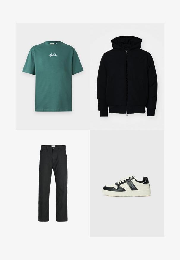 Melna kapucēta jaka ar priekšējo rāvējslēdzēju, kenguru kabatu, ribinātām aprocēm un apakšmalu, parādīta uz vienkārša balta fona.; Zaļš kokvilnas T-krekls ar apaļu izgriezumu un īsām piedurknēm. Priekšpusē ir balta slīpa rakstība "high tea". Vienkāršs dizains, bez rakstiem.; Melnas bikses no izturīga auduma, ar taisna griezuma dizainu, izšūtām akcentiem un divām priekšējām kabatām funkcionālitātei.; Ādas sporta apavi ar melnbaltu krāsu shēmu, ar perforētiem akcentiem, mīkstinātu apkakli un teksturētu zoli.