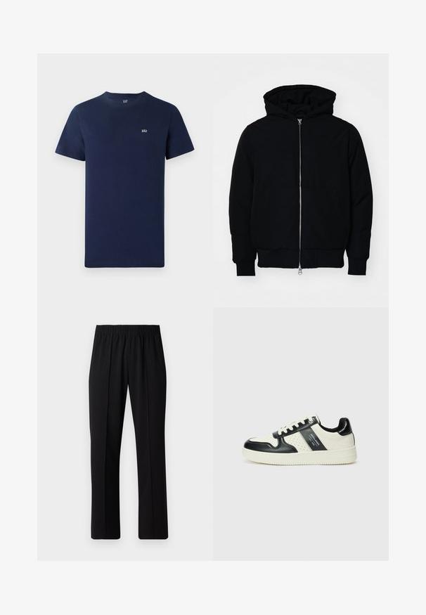 Chaqueta negra con capucha, cierre frontal, bolsillo tipo canguro, y puños y dobladillo acanalados, exhibida sobre un fondo blanco liso.; Camiseta de algodón azul marino con mangas cortas, escote redondo y un pequeño logo bordado en el pecho. Diseño simple, textura sin adornos.; Pantalones negros con cintura elástica y diseño de pierna recta, con una textura suave y sin patrones o herrajes visibles.; Zapatillas de cuero con un esquema de colores negro y crema, que cuentan con acentos perforados, un collar acolchado y una suela texturizada.