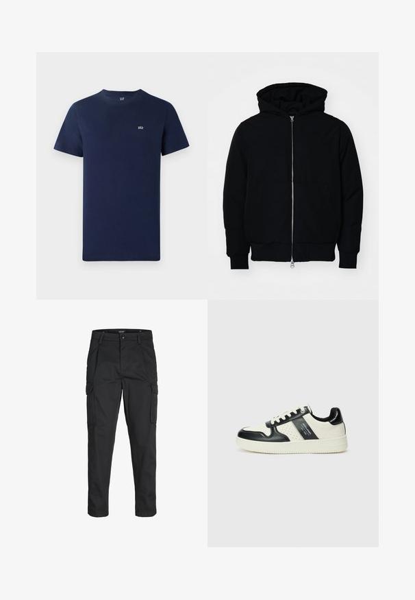 Svart hettejakke med frontglidelås, kengurulomme, ribbestrikket mansjetter og søm, vist på en ensfarget hvit bakgrunn.; Marineblå bomull T-skjorte med korte ermer, rund hals og en liten brodert logo på brystet. Enkel design, ubarbert tekstur.; Sorte cargo bukser laget av slitesterkt stoff, med flere lommer, knappelukking og en slim fit-design med avsmalnede ben.; Lædersneakers med sort og creme farveskema, der har perforerede detaljer, en polstret krave og en struktureret ydersål.
