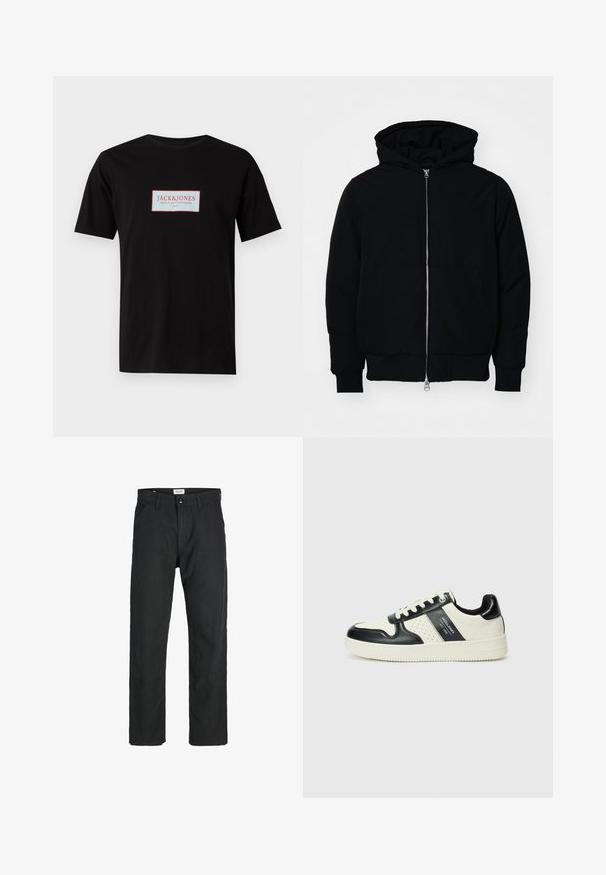 Jachetă neagră cu glugă, cu fermoar în față, buzunar tip kangaroo, mansete și tiv ribbed, prezentată pe un fundal alb simplu.; Tricou negru din bumbac, cu un logo rectangular pe care scrie "JACK & JONES" în roșu și alb, centrat pe față. Mâneci scurte.; Pantaloni negri dintr-un material durabil, cu un design cu picior drept, accente cusute și două buzunare frontale pentru funcționalitate.; Tenisi din piele cu un scheme de culori negru și crem, dotati cu accente perforate, guler căptușit și o talpă texturată.