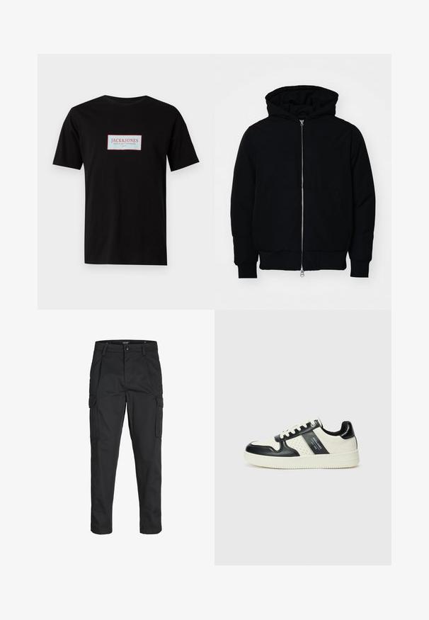 Giacca nera con cappuccio, dotata di zip frontale, tasca a marsupio, polsini e orlo a coste, esposta su uno sfondo bianco semplice.; T-shirt nera in cotone, con un logo rettangolare con la scritta "JACK & JONES" in rosso e bianco, centrato sul davanti. Maniche corte.; Pantaloni cargo neri realizzati in un tessuto resistente, dotati di molteplici tasche, chiusura con bottone e un design aderente con gambe affusolate.; Sneakers in pelle con una combinazione di colori nero e crema, dotati di dettagli perforati, collare imbottito e suola testurizzata.