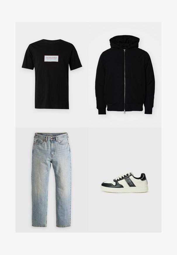 Černá kapucňová bunda s předním zipem, klokaní kapsou, vroubkovanými manžetami a spodním lemem, vystavená na čistém bílém pozadí.; Černé tričko z bavlny s obdélníkovým logem "JACK & JONES" v červené a bílé barvě, umístěným na středu přední části. Krátké rukávy.; Svetle modré džíny z denimu s vysokým pasem, předním knoflíkem, zipem a designem s pěti kapsami, ležící rovně na neutrálním pozadí.; Kožené tenisky s černobílou barevnou kombinací, které mají perforované detaily, polstrovaný límec a texturovanou podrážku.