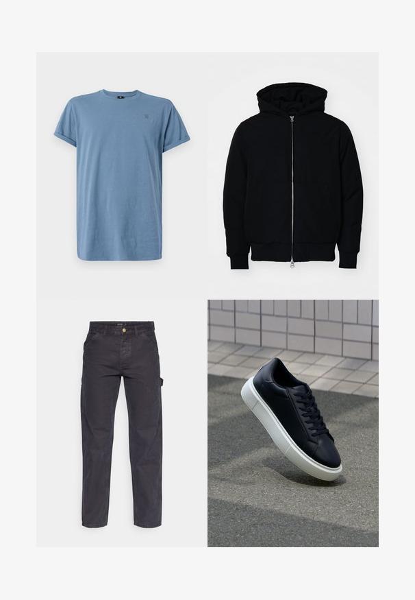 Čierna kapucňová bunda s predným zipsom, klokaními vreckami, rebrovanými manžetami a lemom, zobrazená na bielom pozadí.; G-STAR LASH - Základné tričko - avio; Tmavošedé cargo nohavice vyrobené z odolného materiálu, s rovnými nohavicami, piatimi vreckami a gombíkovým zapínaním v páse.; Čierne kožené tenisky s okrúhlou špičkou a bielou gumovou podrážkou. Majú ploché šnúrky a minimálne šitie na vrchu. Textúrovaná podrážka pre lepšiu priľnavosť.